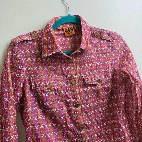 Tory Burch button down pink and orange Blouse logo buttons Size 6 - Picture 3 of 8
